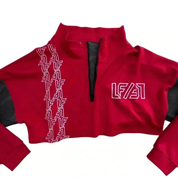 Vintage LF Cropped Red Black Track Suit Jacket OverSized Medium Mesh Detail - Picture 3 of 11